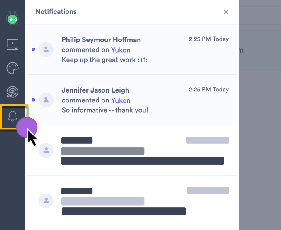 The notifications menu in Vidyard Pro. Notifications about replies left on a video sharing page.