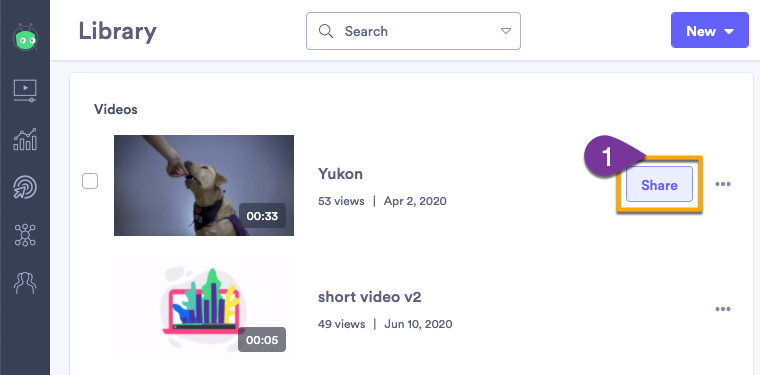 Selecting the Share button next to a video in your library