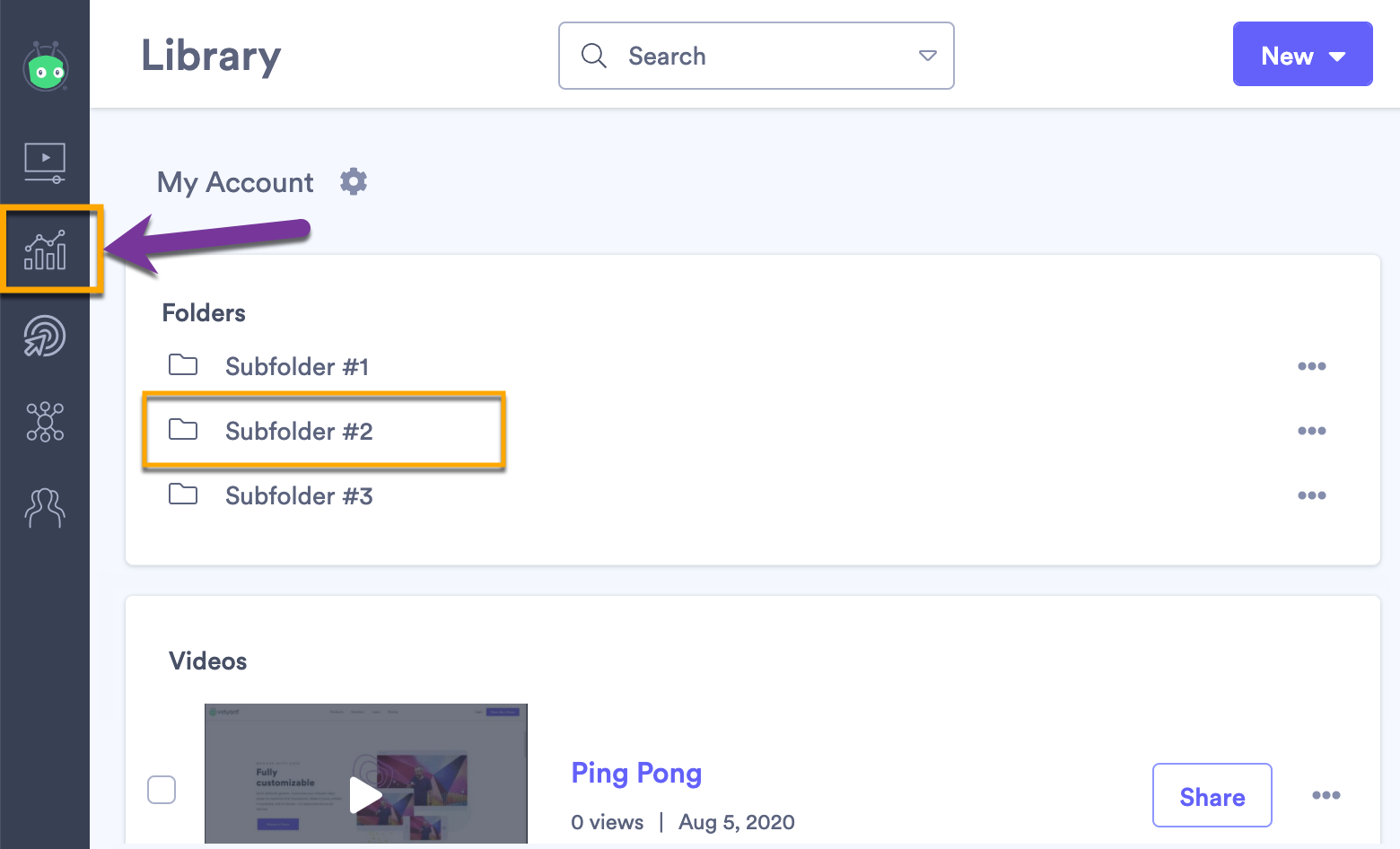 Navigating to a different folder in your account to access a different view of video analytics