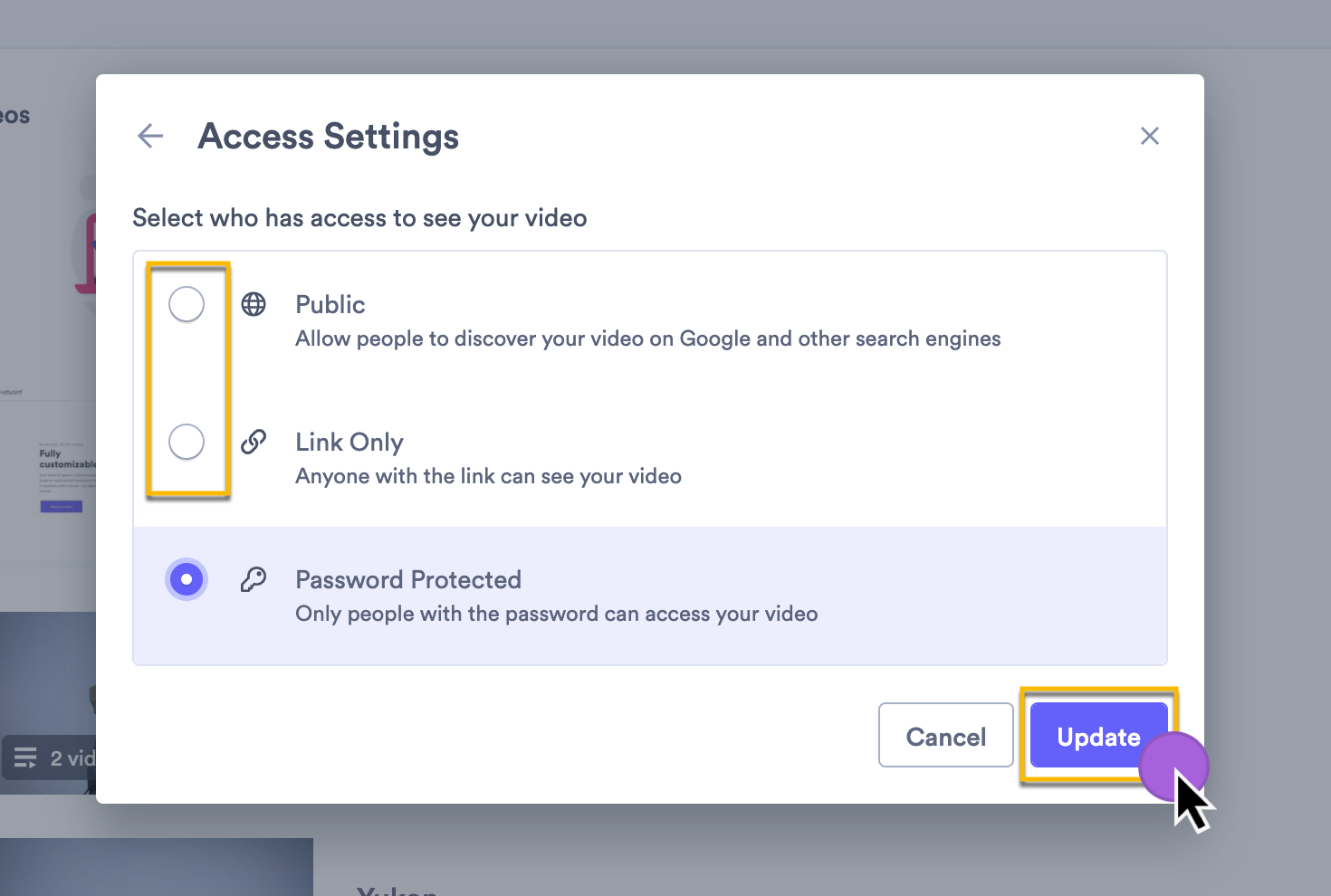 Selecting a different access setting for the video, like Link Only or Public