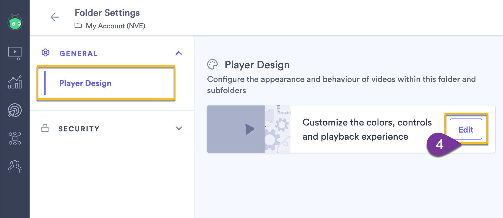 Selecting the Edit button to apply default Player Design settings to all the videos in the folder