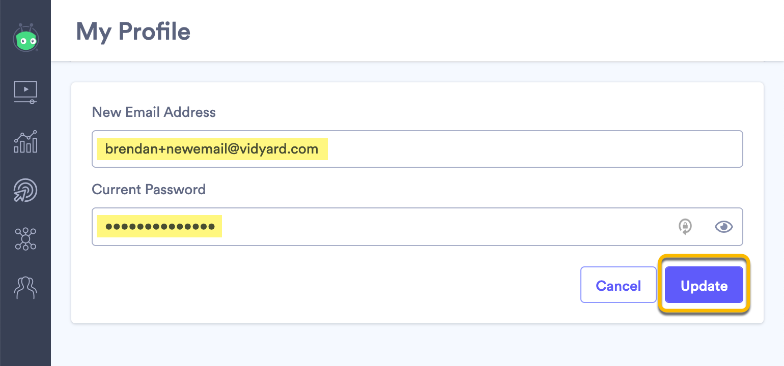 Entering your new email address and current account password
