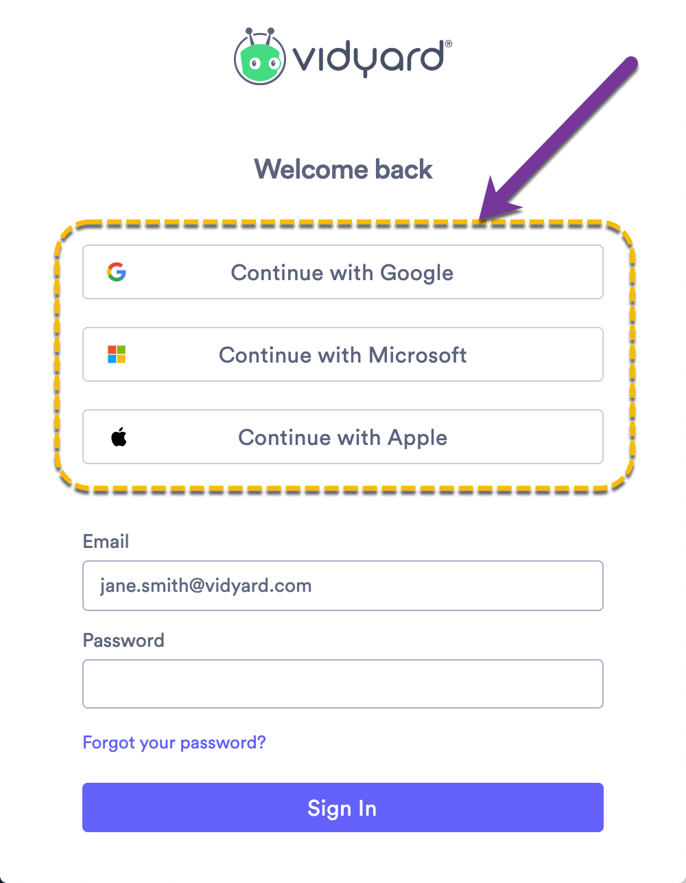 Options to sign in to Vidyard with a third-party service like your existing Google, Microsoft or Apple account