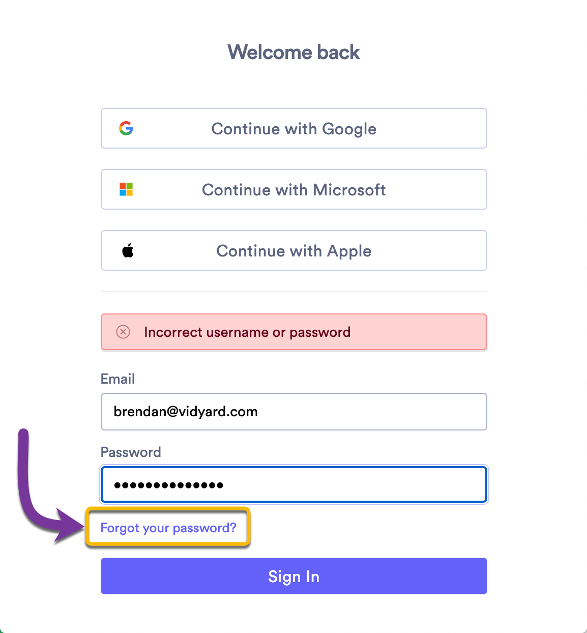Selecting the Forgot your Password link on the sign-in page