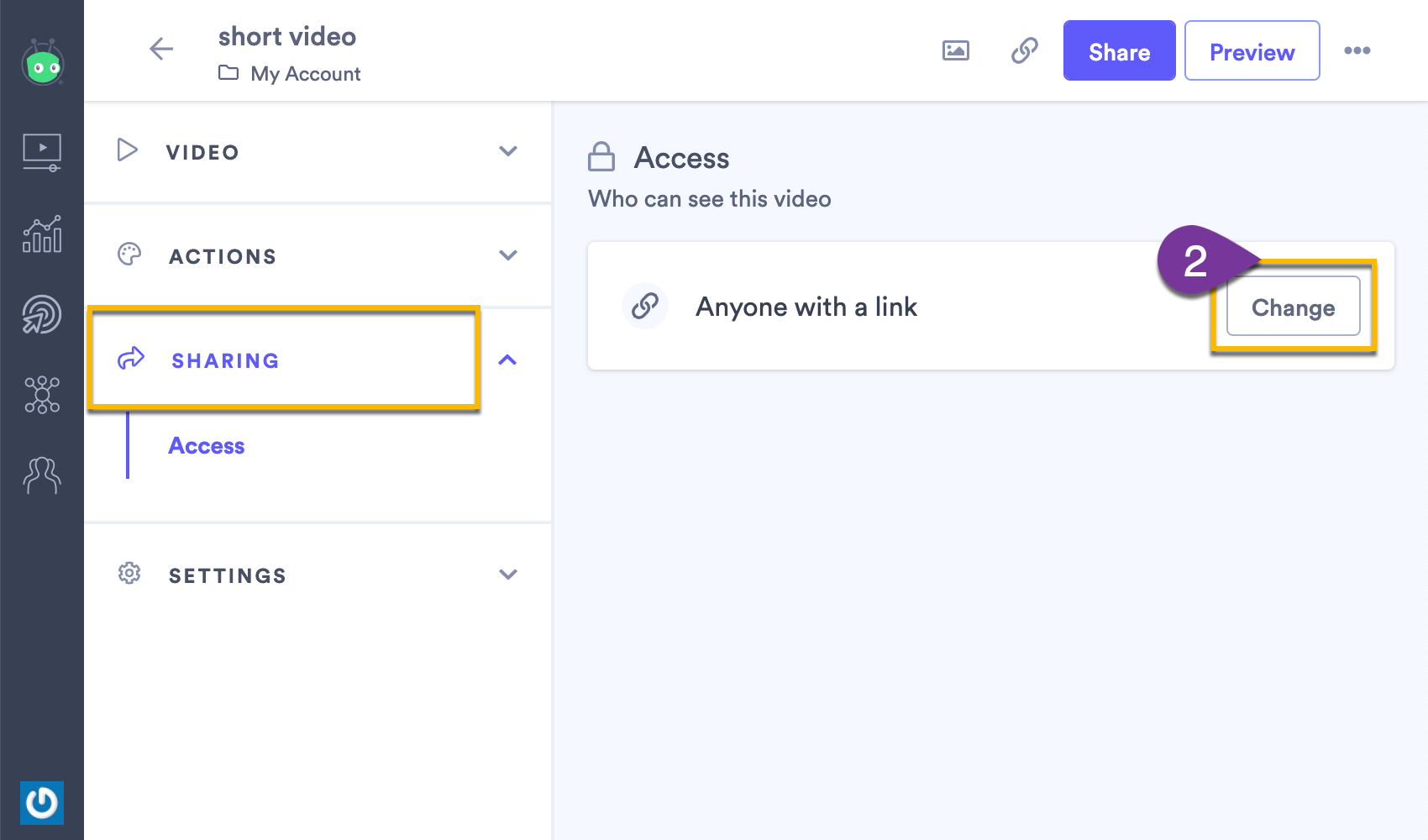 Selecting Sharing, then the Change button to edit the video's access settings