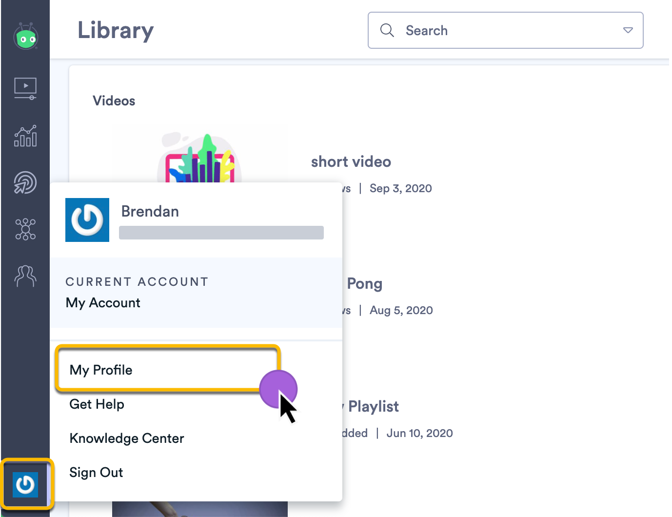 Opening your account profile from the main dashboard menu in Vidyard