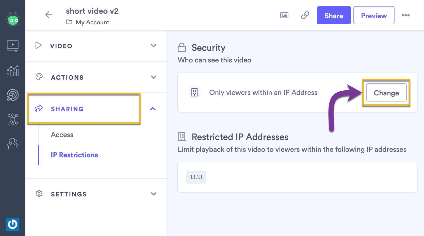 Changing the access setting on a specific video
