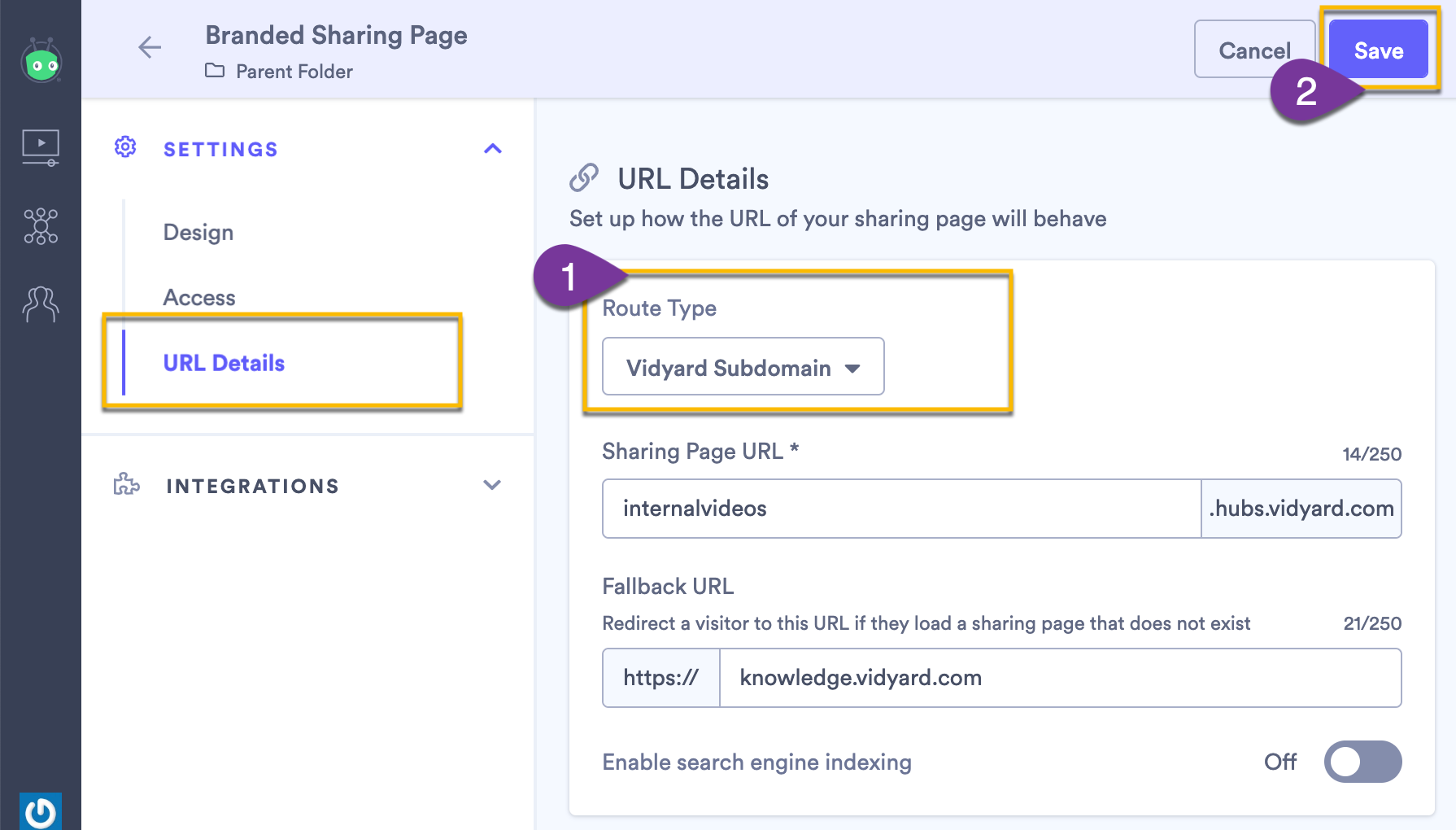 Setting the route type for your sharing page to use either a Vidyard subdomain or your own customer CNAME
