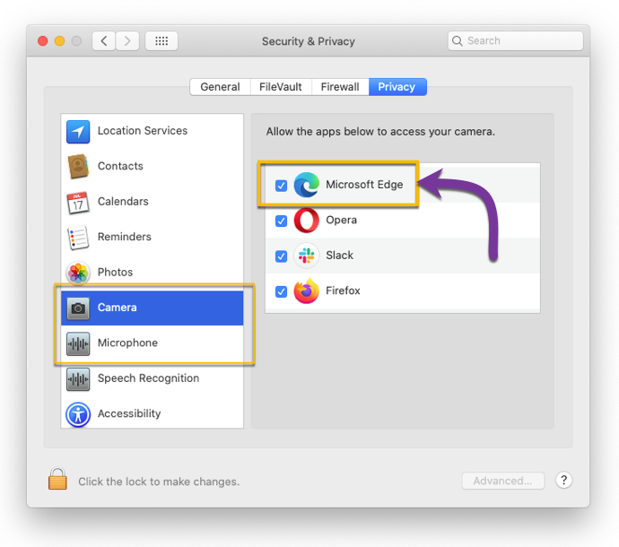 on MacOS, making sure you've granted specific apps access to your camera and microphone