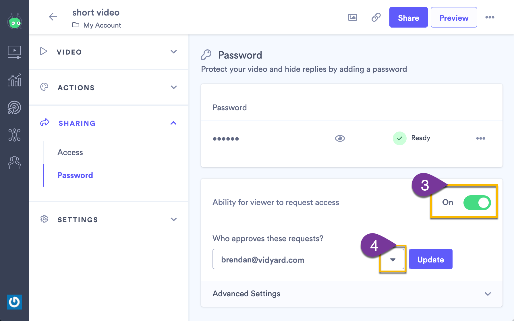 Enabling the access request setting and selecting user from the account to act as moderator
