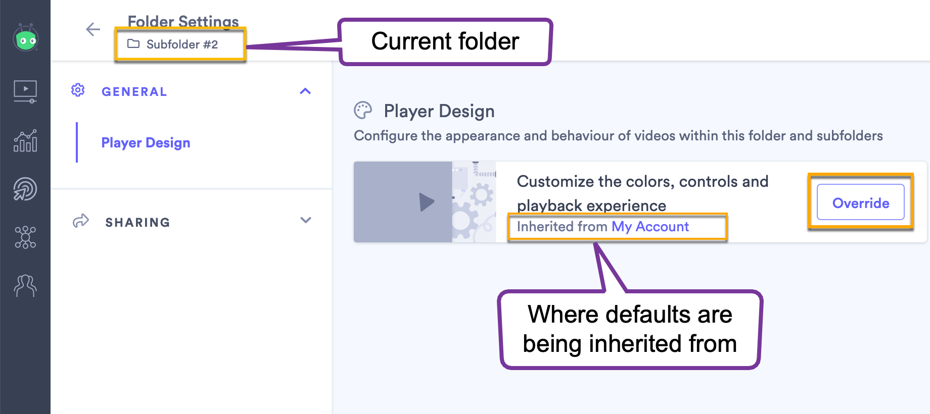 The folder settings page indicating that video design defaults are being inherited from another folder