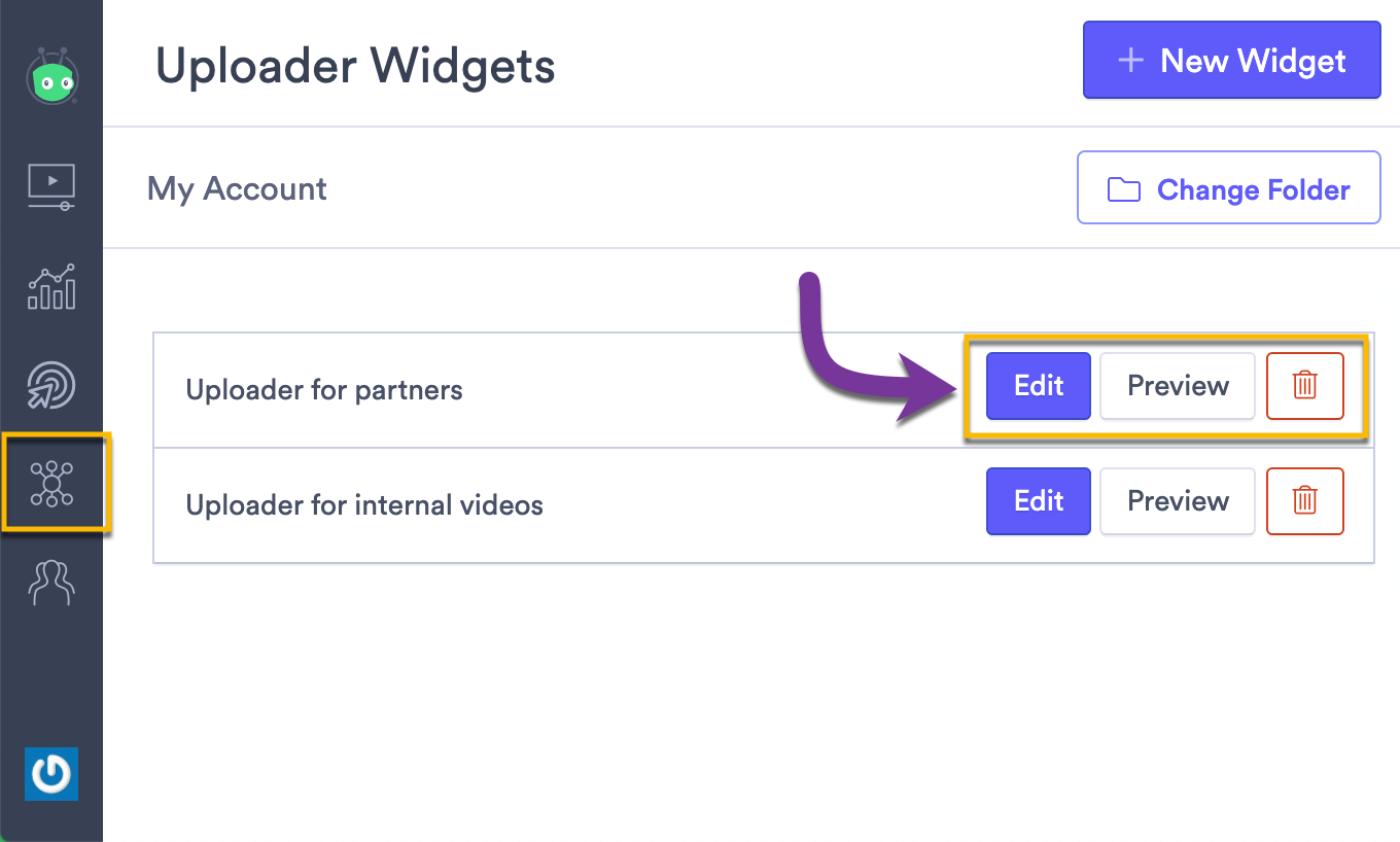 Selecting the buttons to either edit or delete an uploader widget