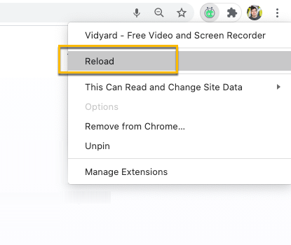 Right clicking on the Vidyard icon to reload the extension