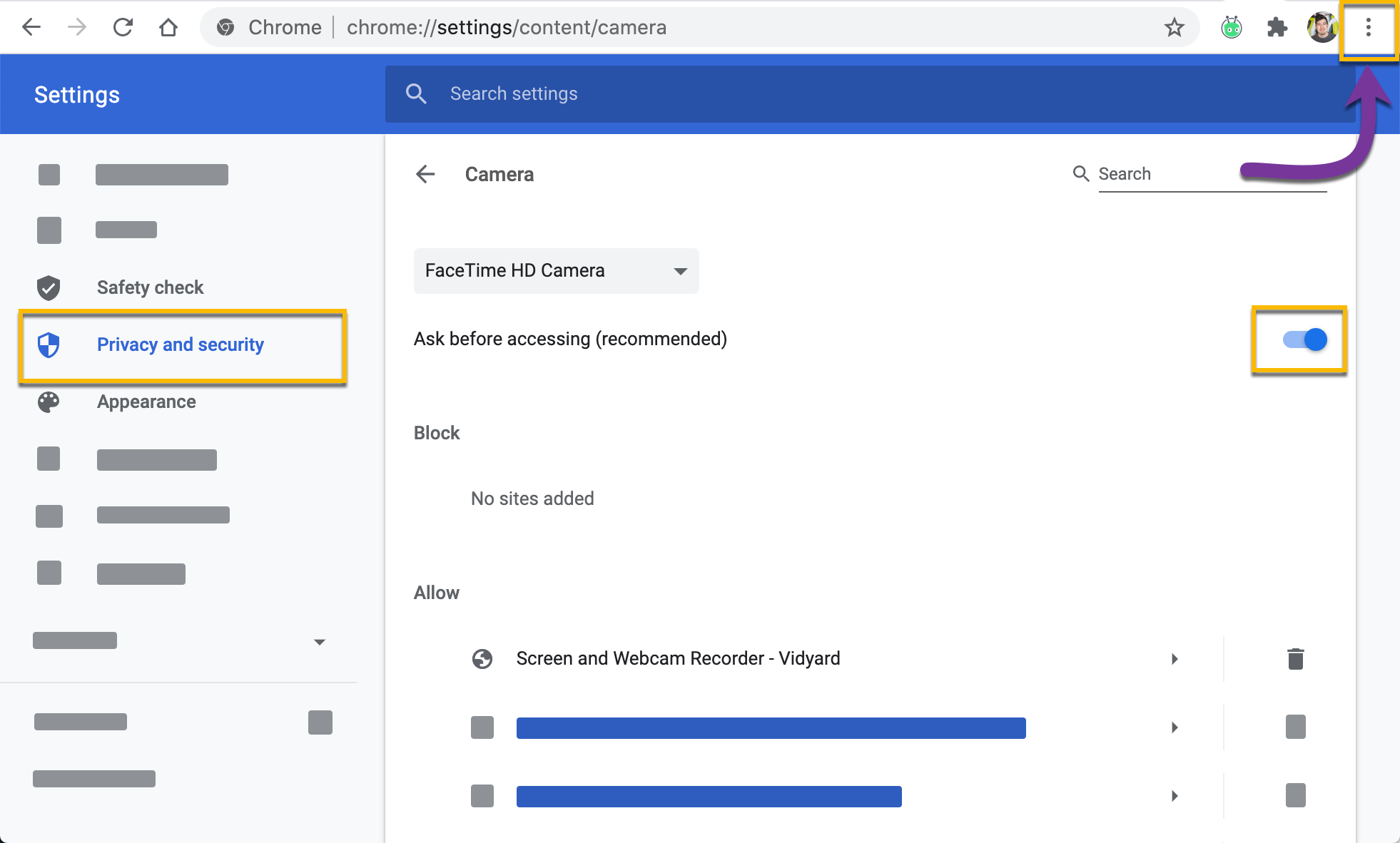 Google Chrome settings showing Privacy and security section with blocked resource list