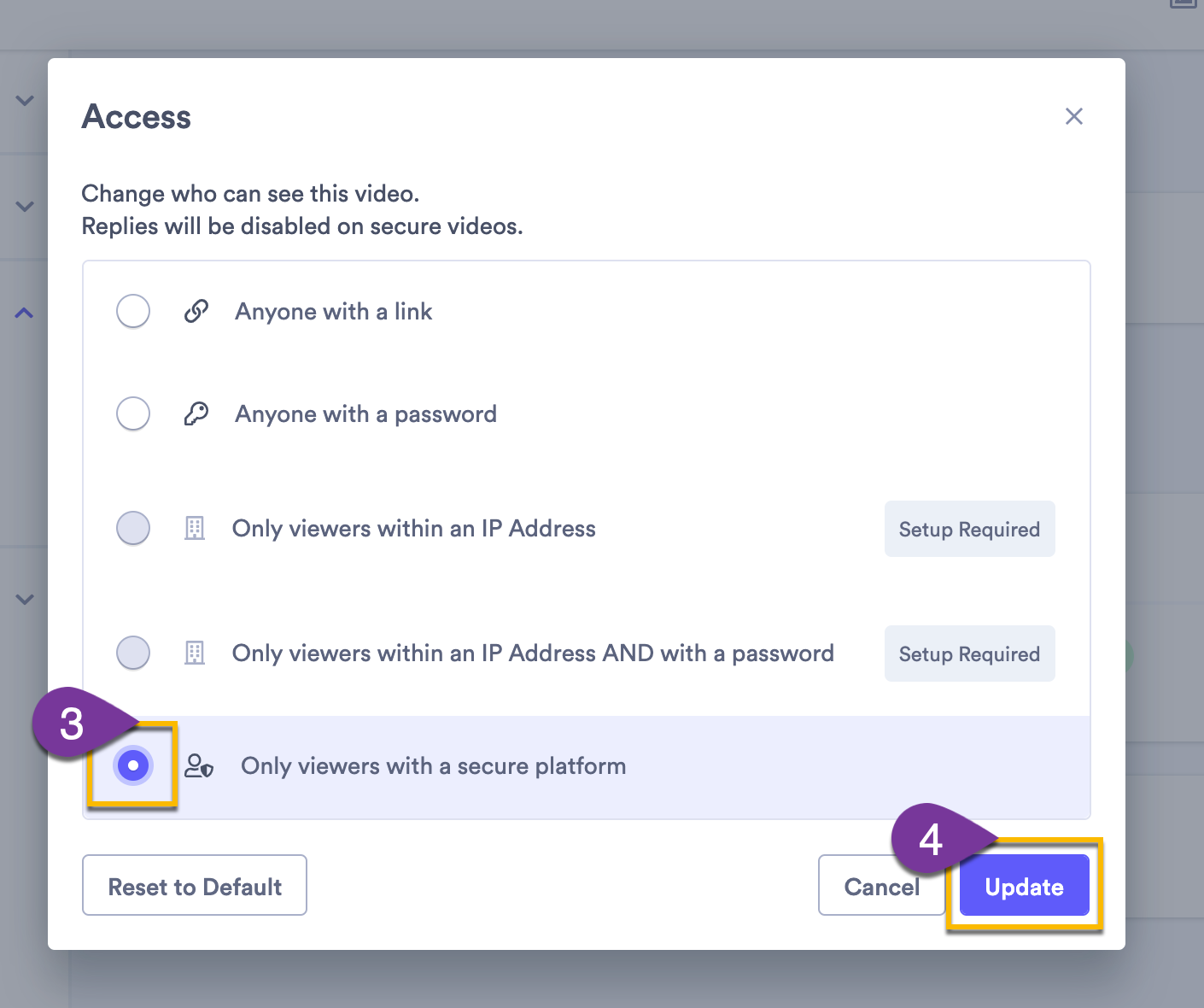 Selecting the option Only viewers with a secure platform