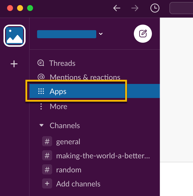 Selecting the Apps menu from within Slack