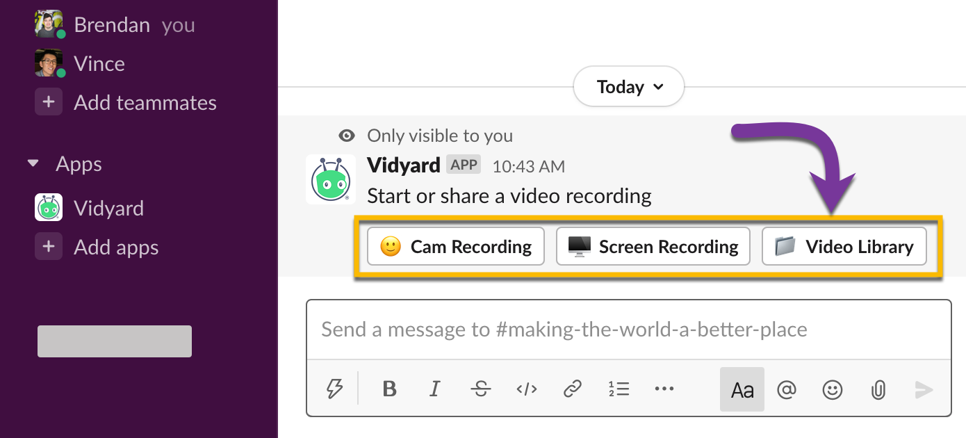 Selecting one of three options to record a video with your camera, screen, or share from your existing library