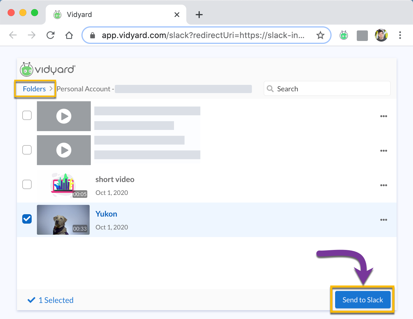 Selecting one or more videos from your library to share to Slack