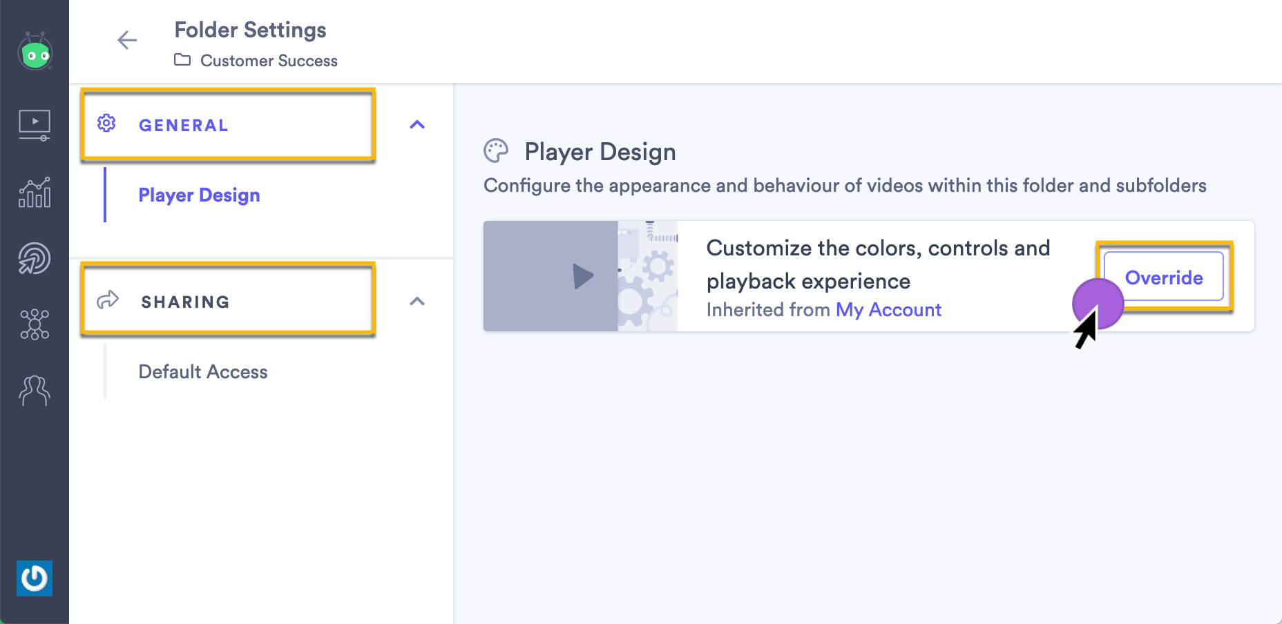 Selecting the Override button to exempt the folder from either the design or access defaults being inherited from the parent folder