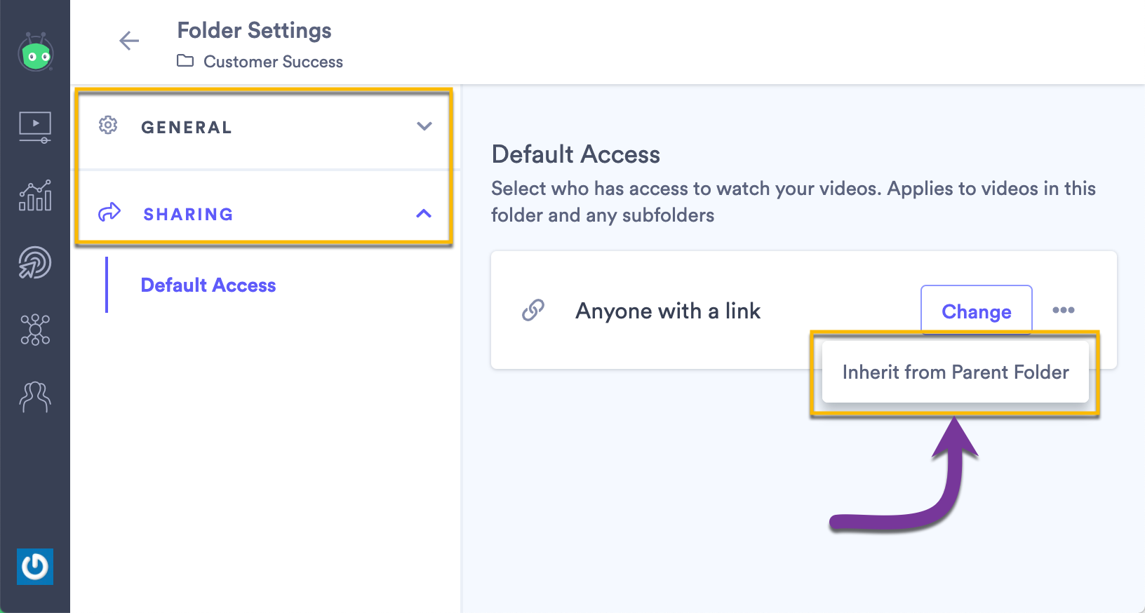 Making a folder re-inherit the video design or access defaults from the parent folder