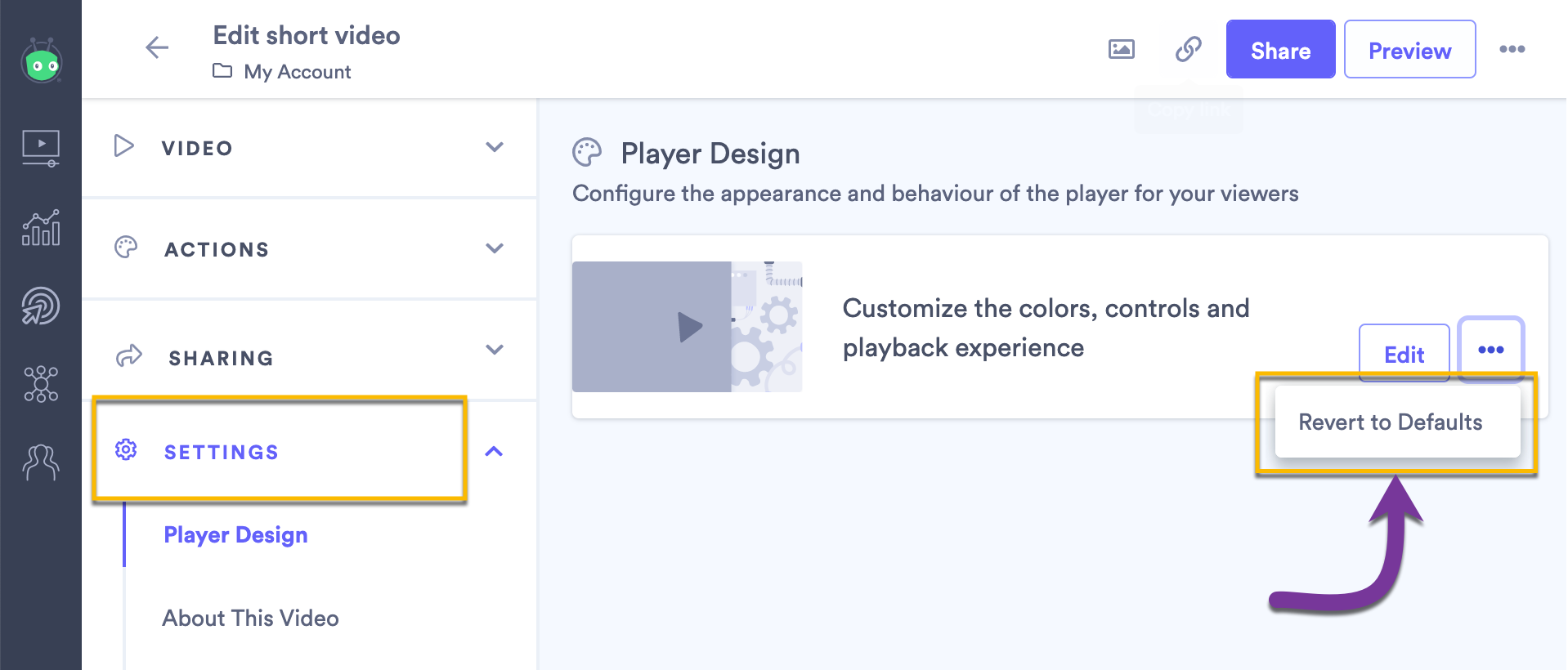Making a video re-inherit the design defaults from the folder