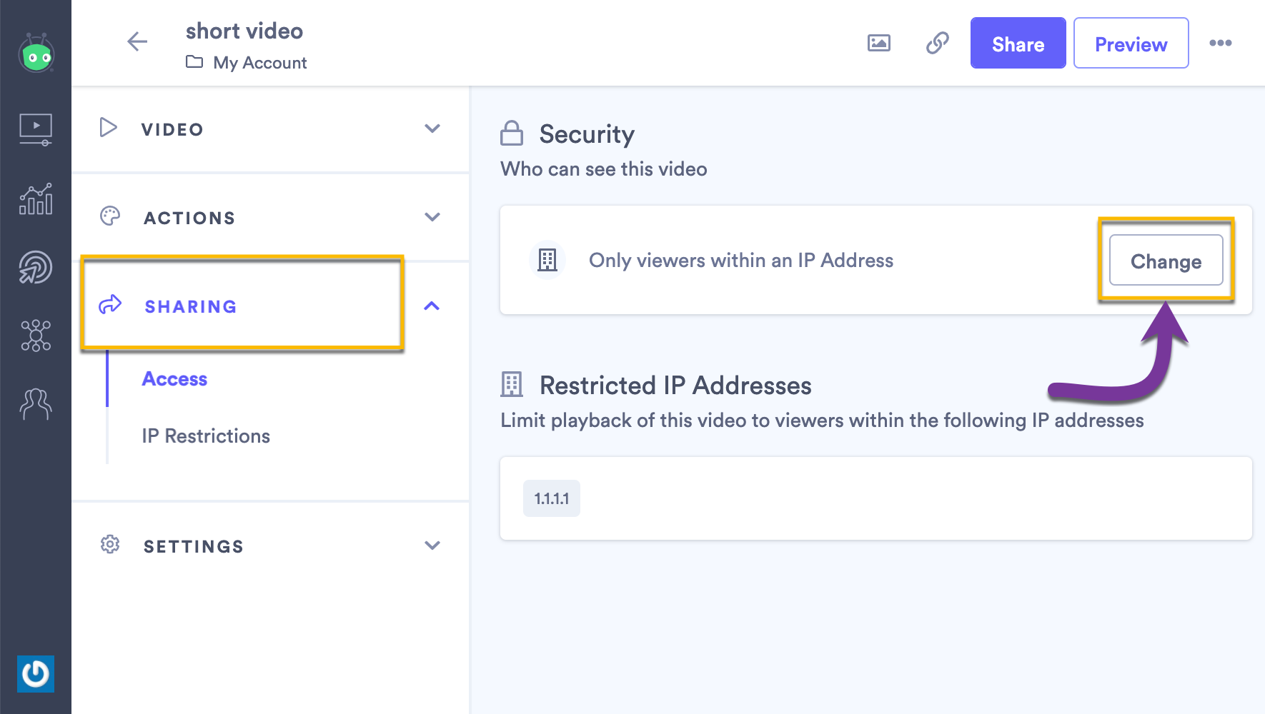 Changing the access settings for a video