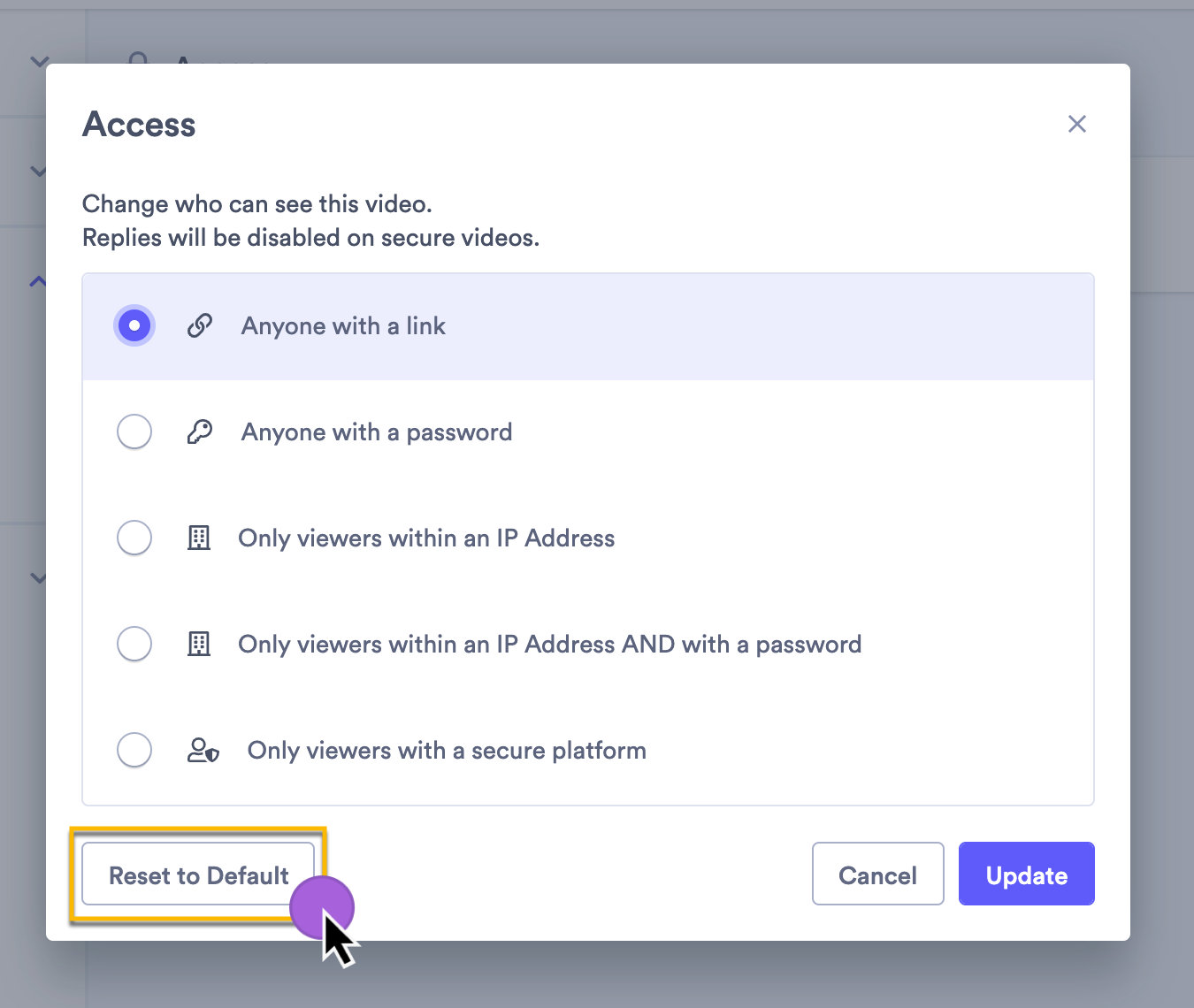 Selecting the option to re-inherit the video access defaults from the folder