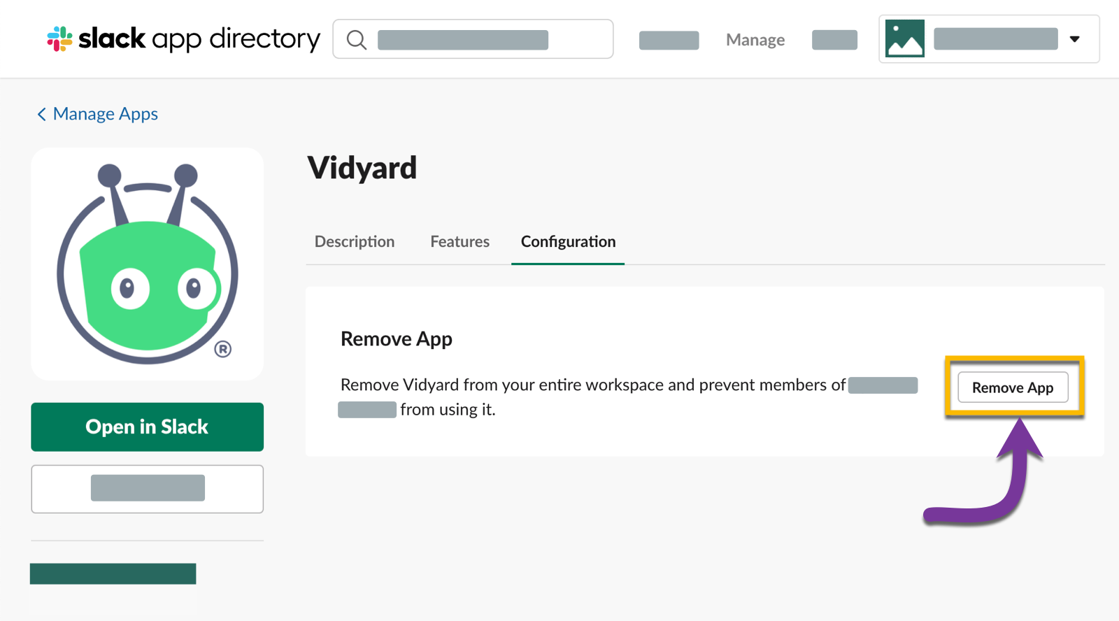 Removing Vidyard from your workspace in the Slack App Directory