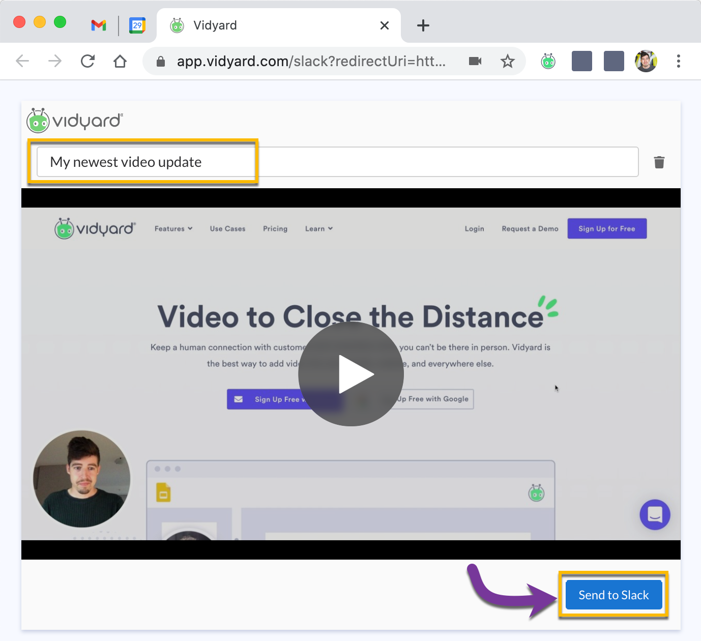 Giving your newly recorded video a name before sharing to Slack