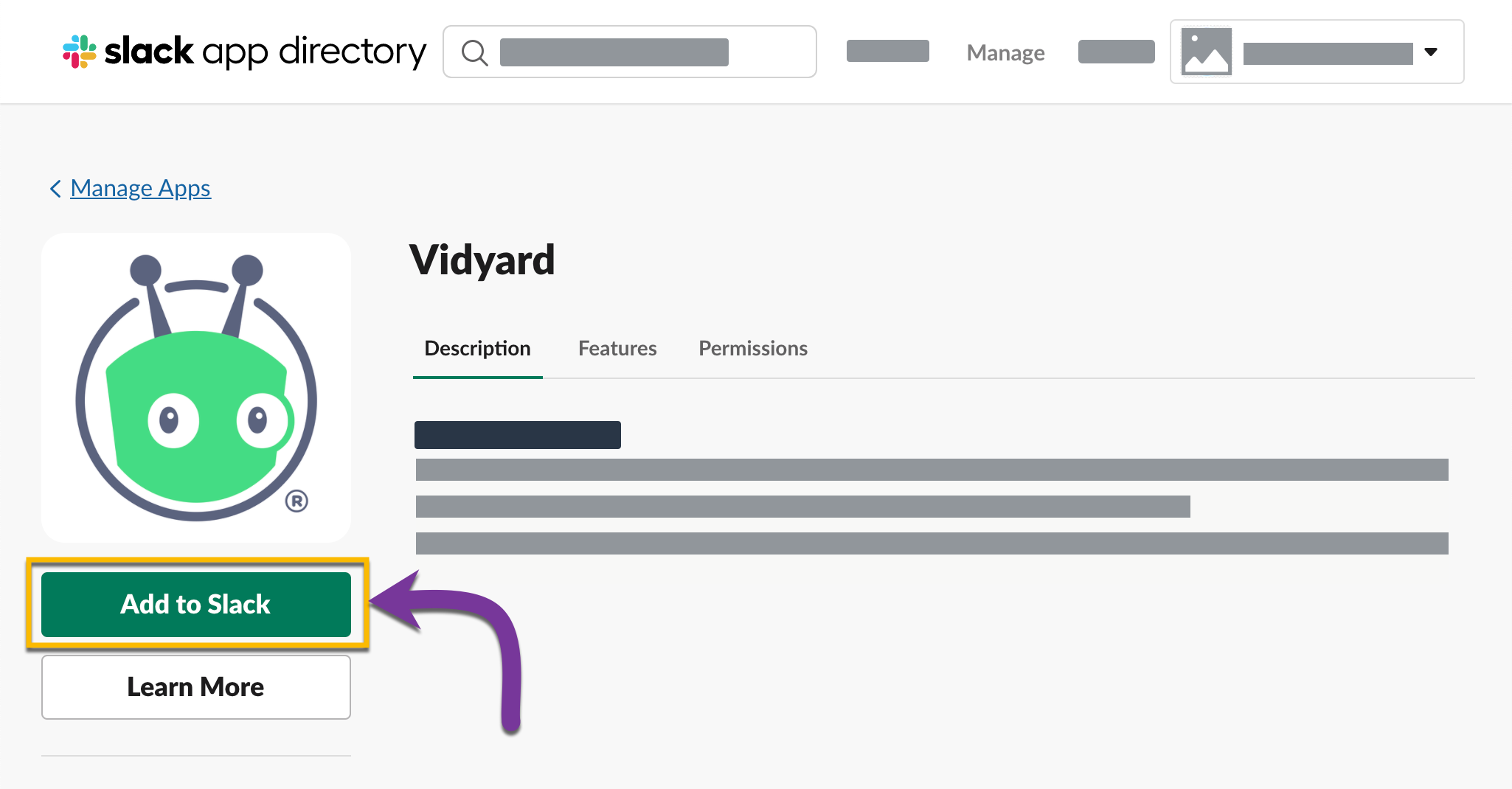 Adding the Vidyard app to your workspace from the Slack App Directory