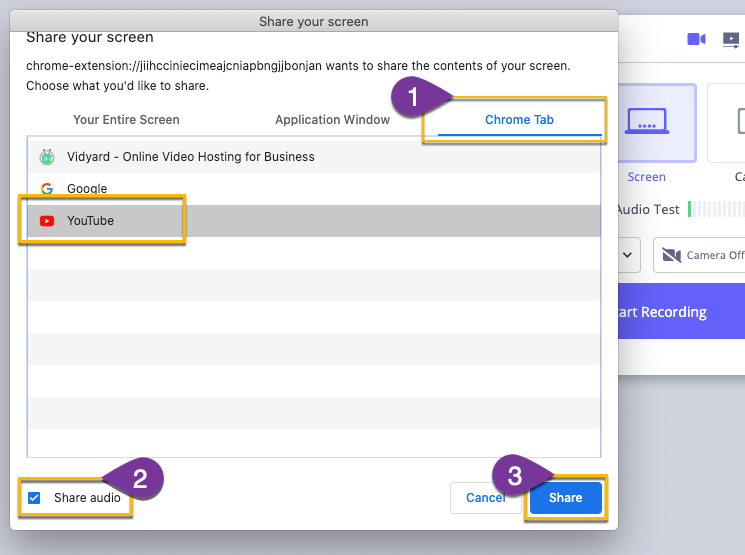 Selecting both a browser tab to record and the option to share audio from that tab