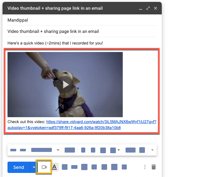 An email compose window with a video thumbnail and sharing page link added into the body