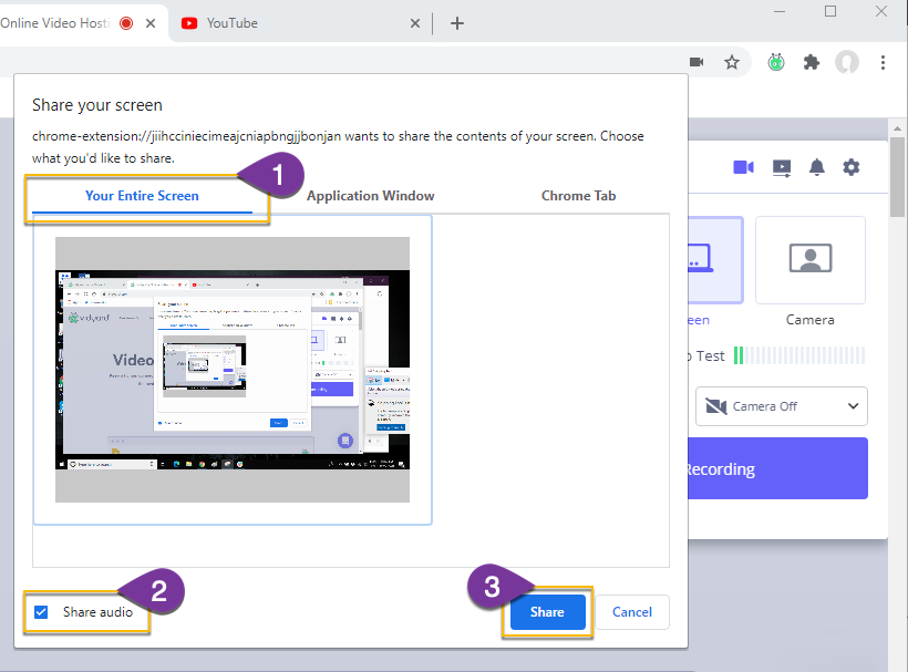 Selecting both the screen you want to record and the option to share audio