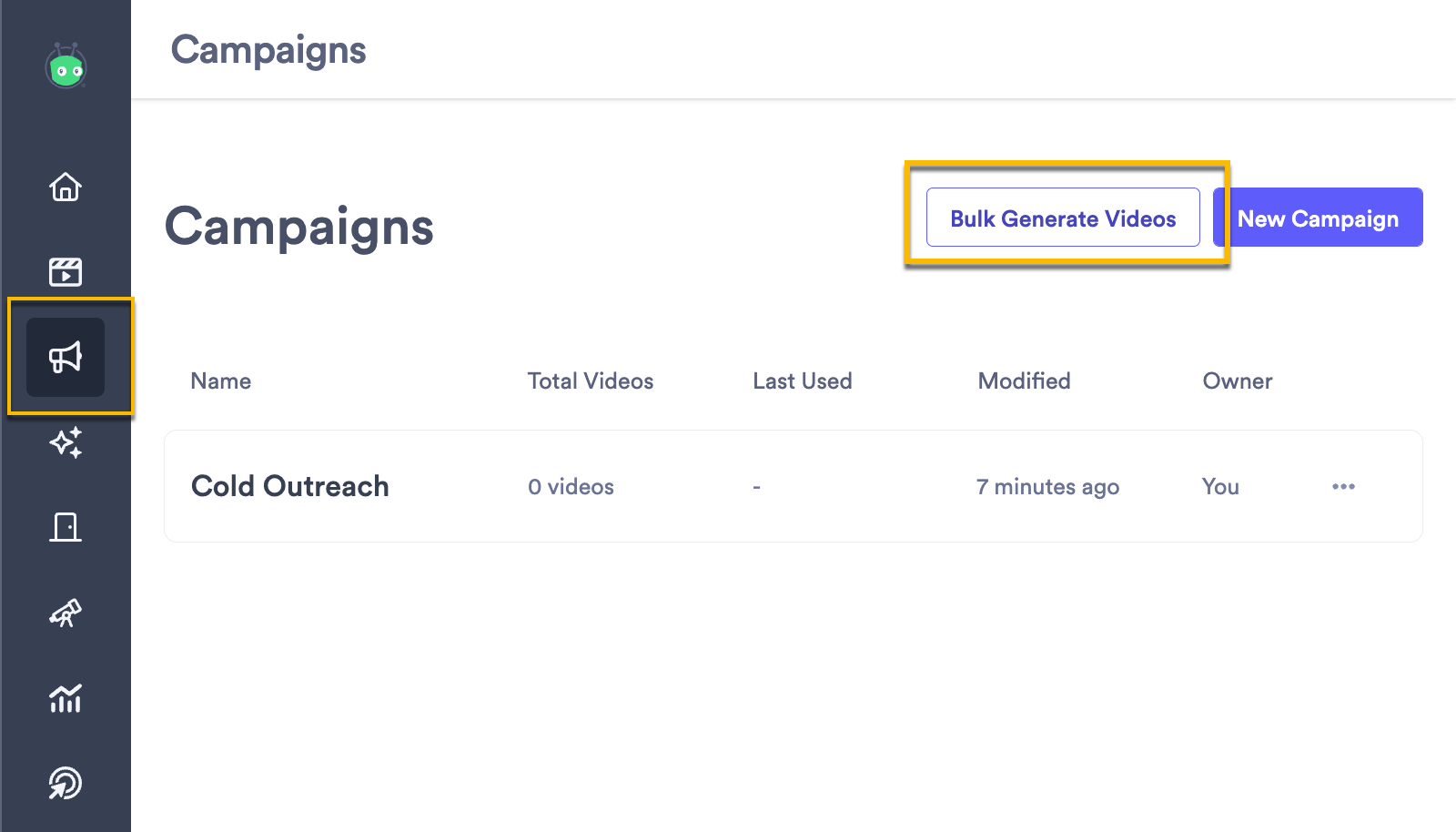 Campaigns page with button to bulk generate videos highlighted