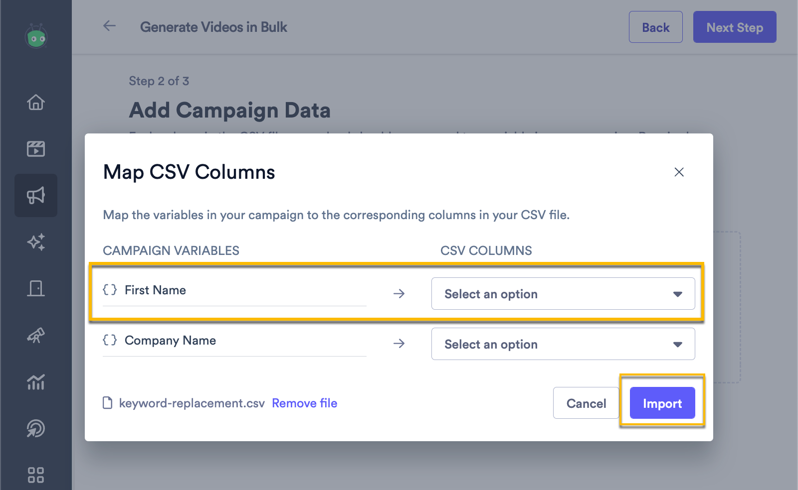 List of variables from the uploaded CSV file's column titles with options to map each variable to a corresponding campaign variable