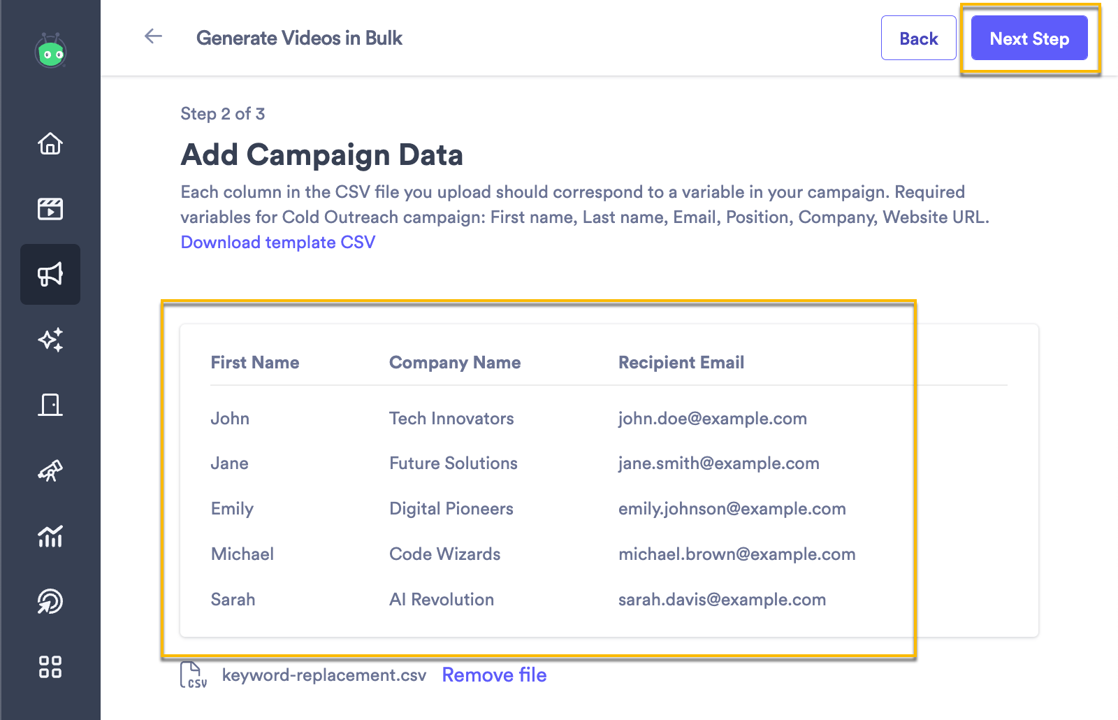 List of contact details and next step button highlighted