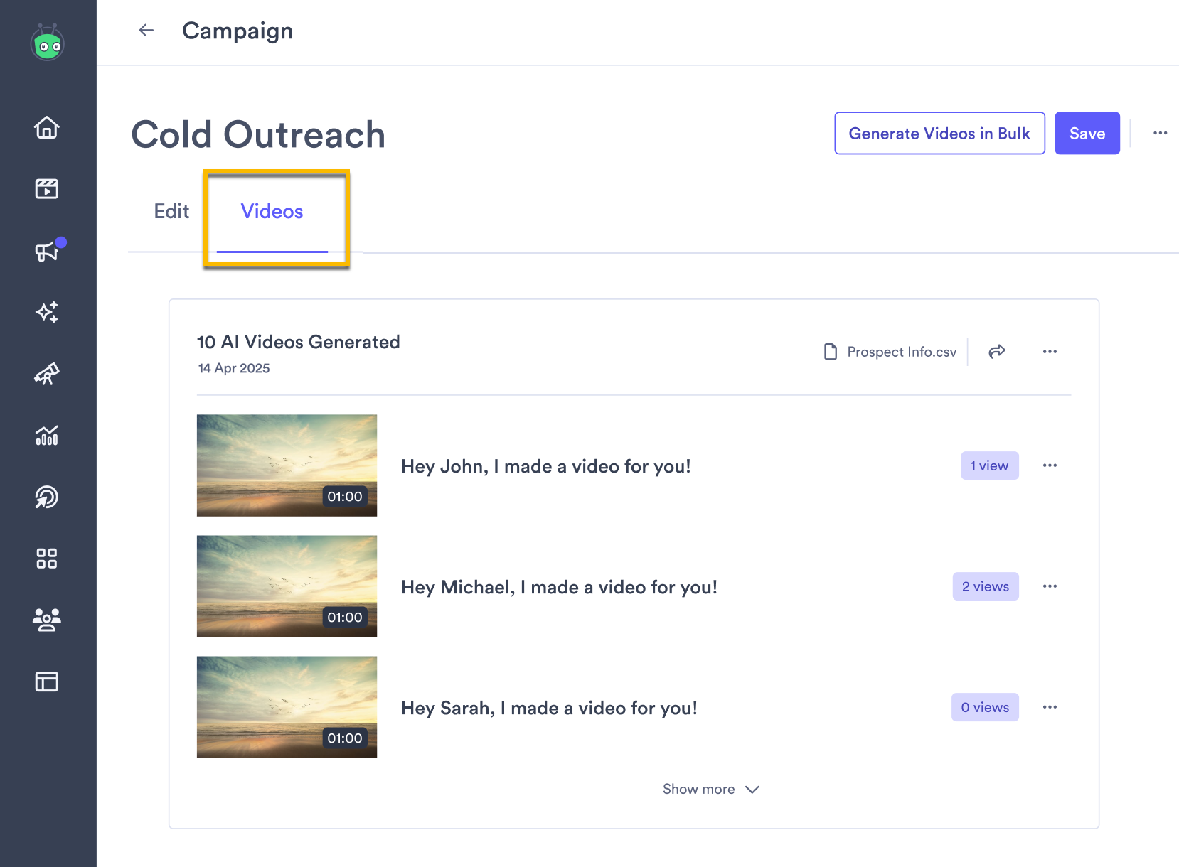 Videos tab of a campaign showing a batch of generated videos with creation information