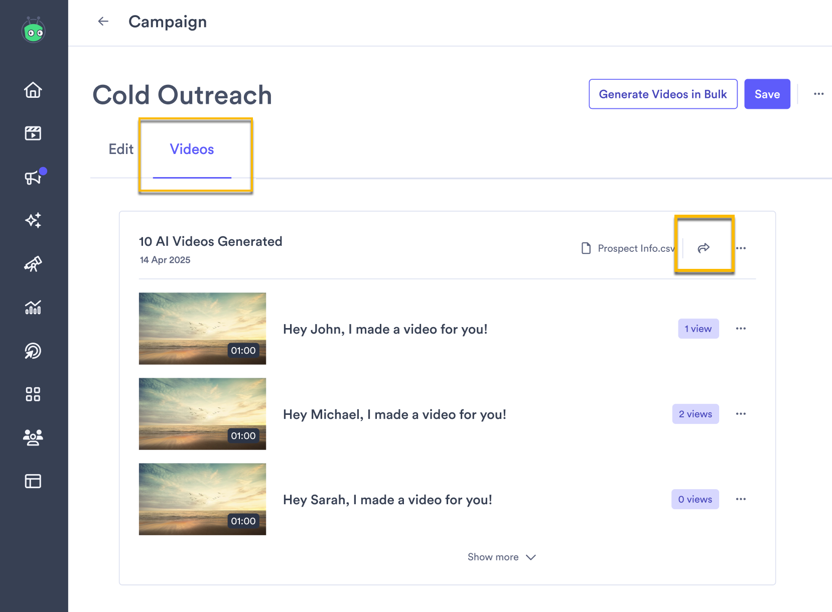 Share button next to a batch of generated videos under a campaign's videos tab