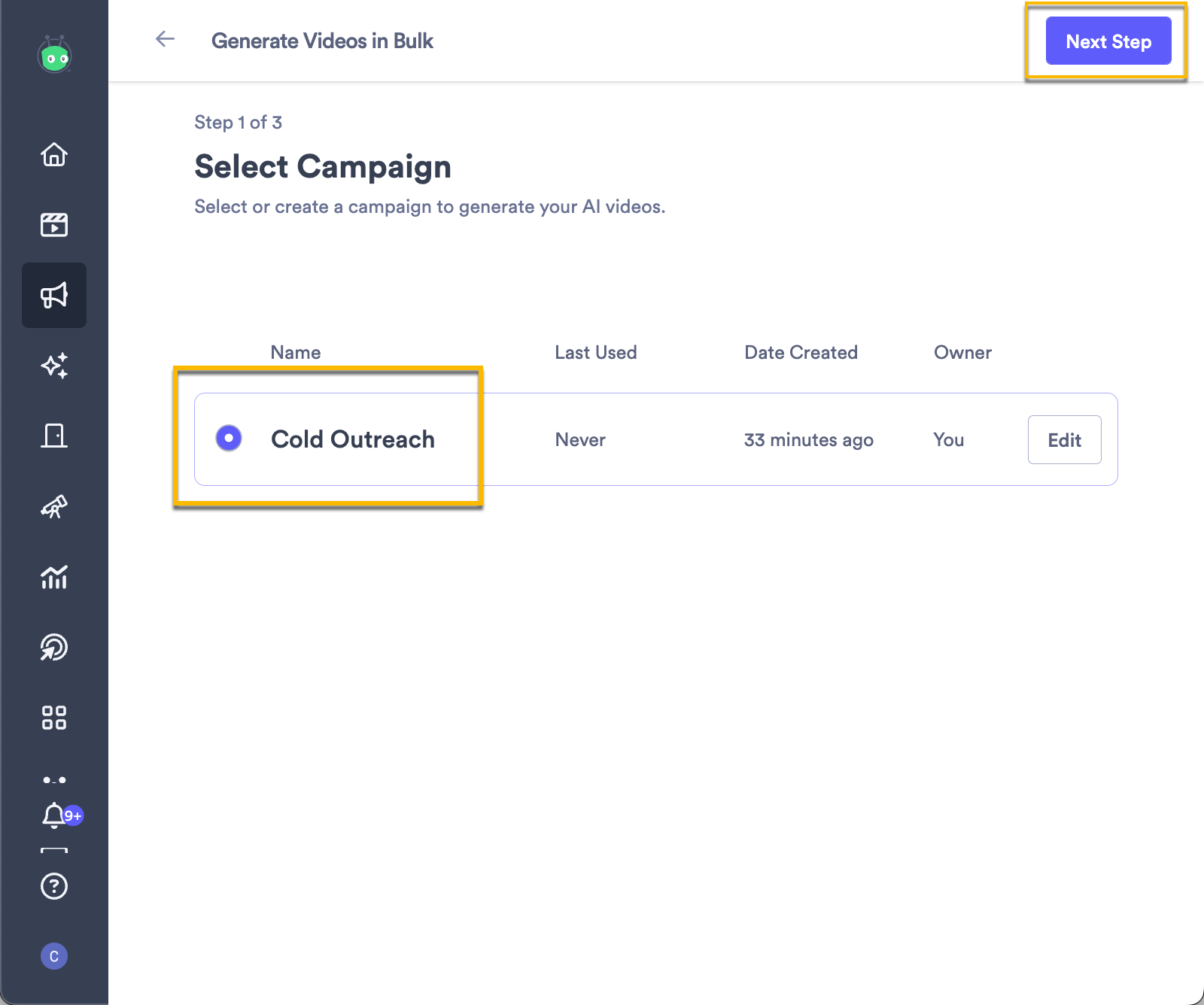 Campaign selection screen with a campaign highlighted in the list and next step button highlighted