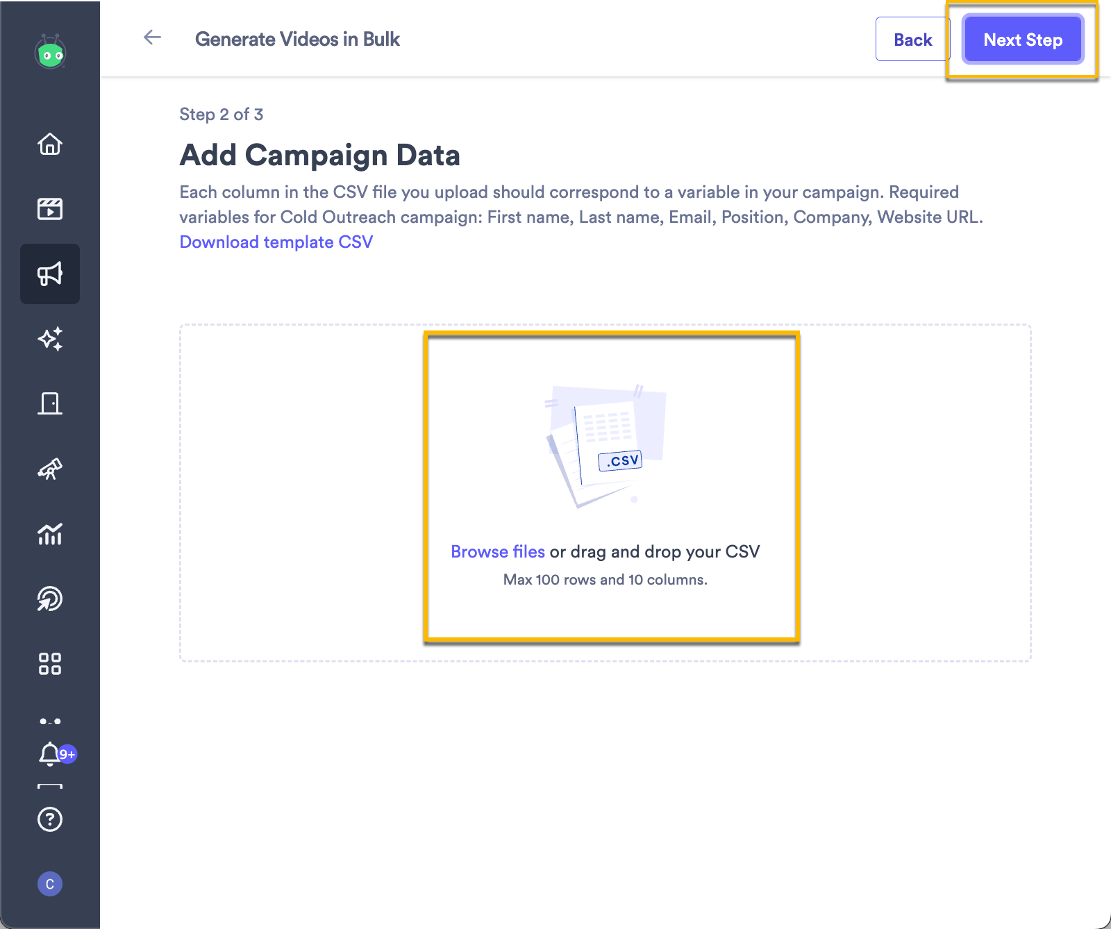 Add Campaign data page with file upload section and next step button highlighted