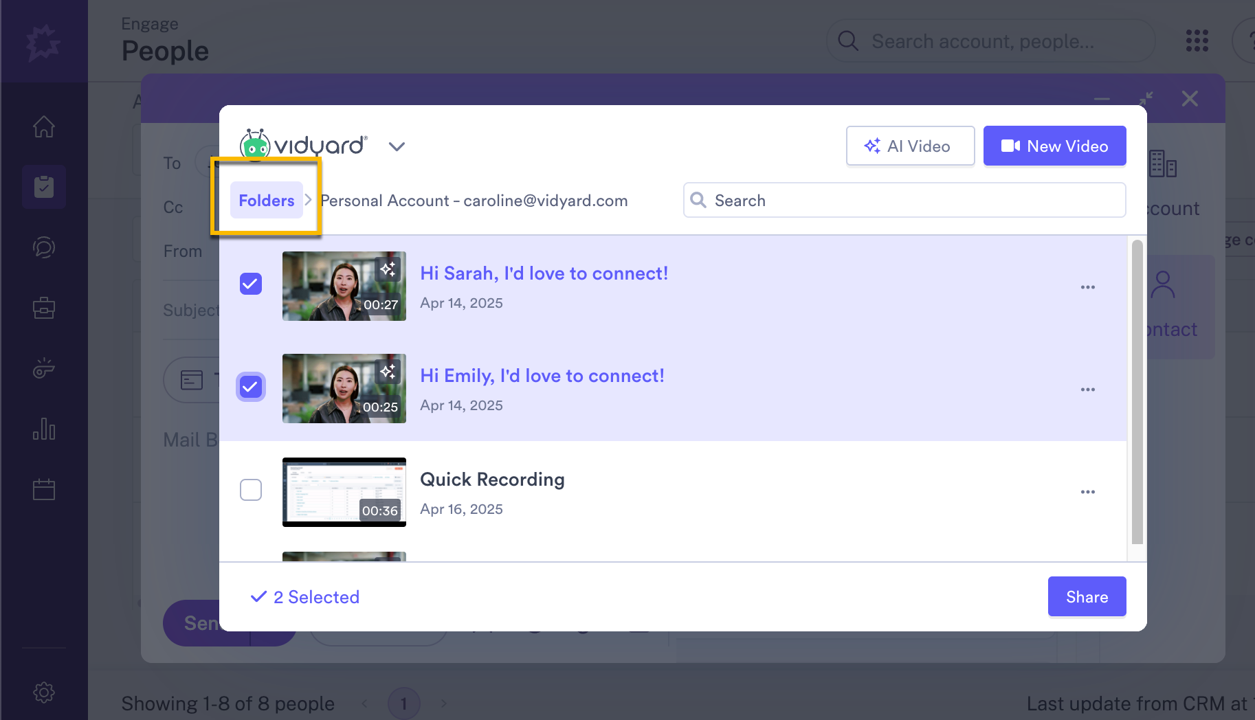 Selecting the folders breadcrumb menu to access videos a shared team folder