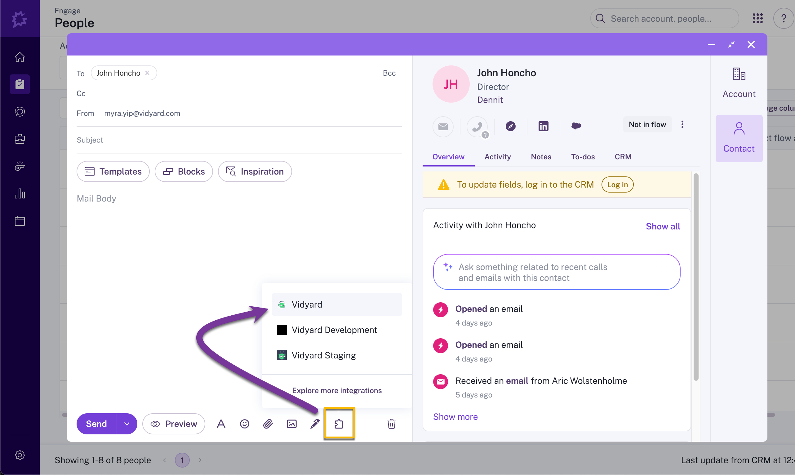 Gong email open with integrations dropdown menu selected and Vidyard integration highlighted