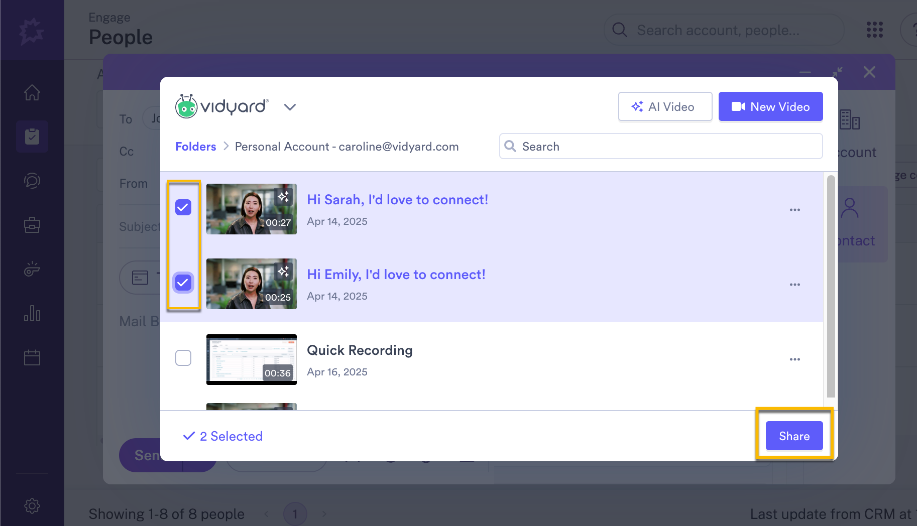Selecting videos from your Vidyard library to add into a Gong email
