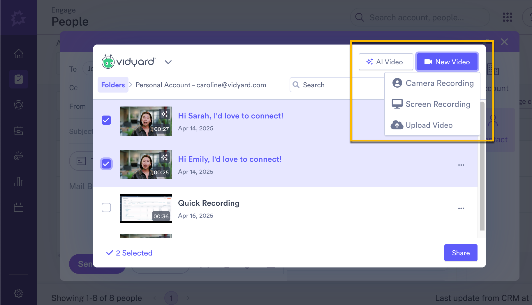 Vidyard app in Gong open with options for creating AI video or new video recording highlighted