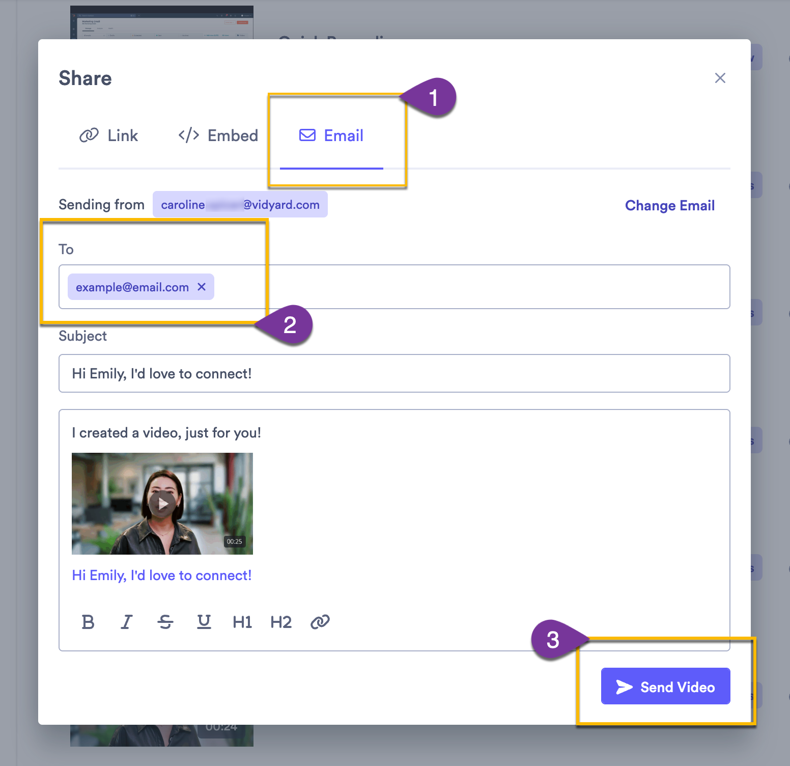Vidyard email send modal open with email filled out and send video option highlighted