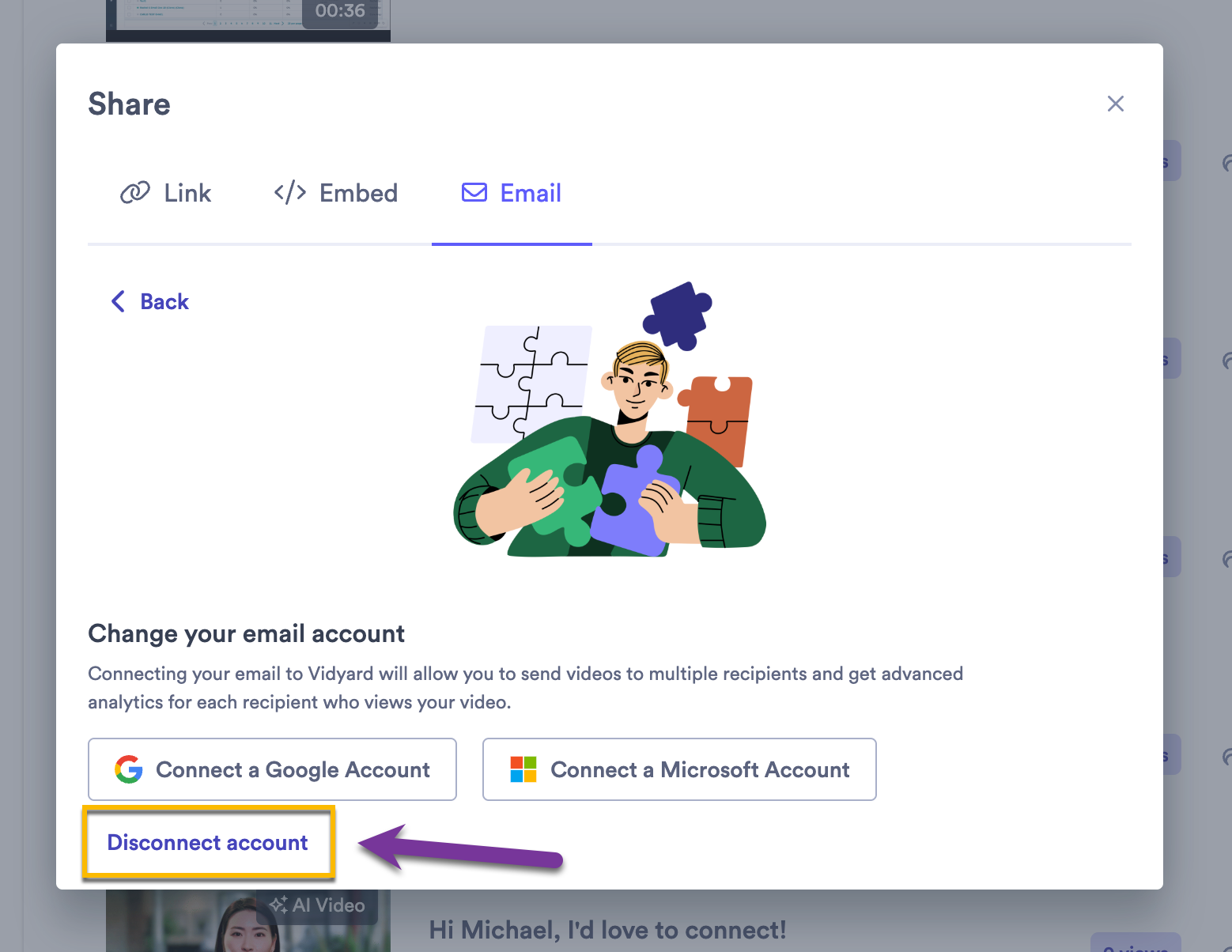 Vidyard email share modal with disconnect email option highlighted