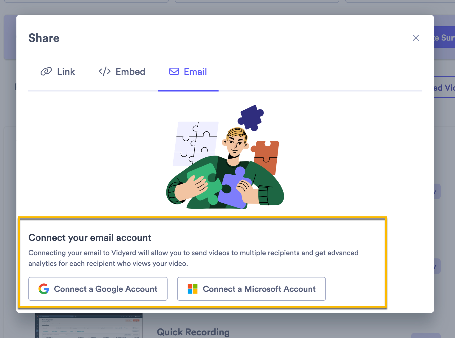Vidyard email share modal open with option to connect Gmail or Outlook for the first time highlighted
