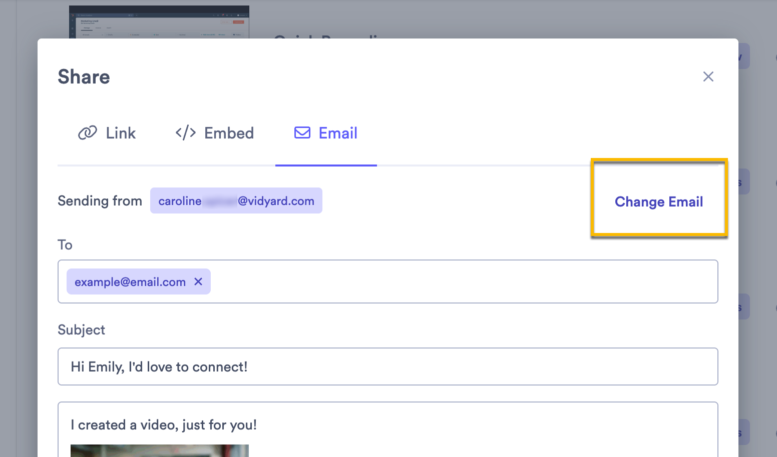 Vidyard email share modal open with change email option highlighted