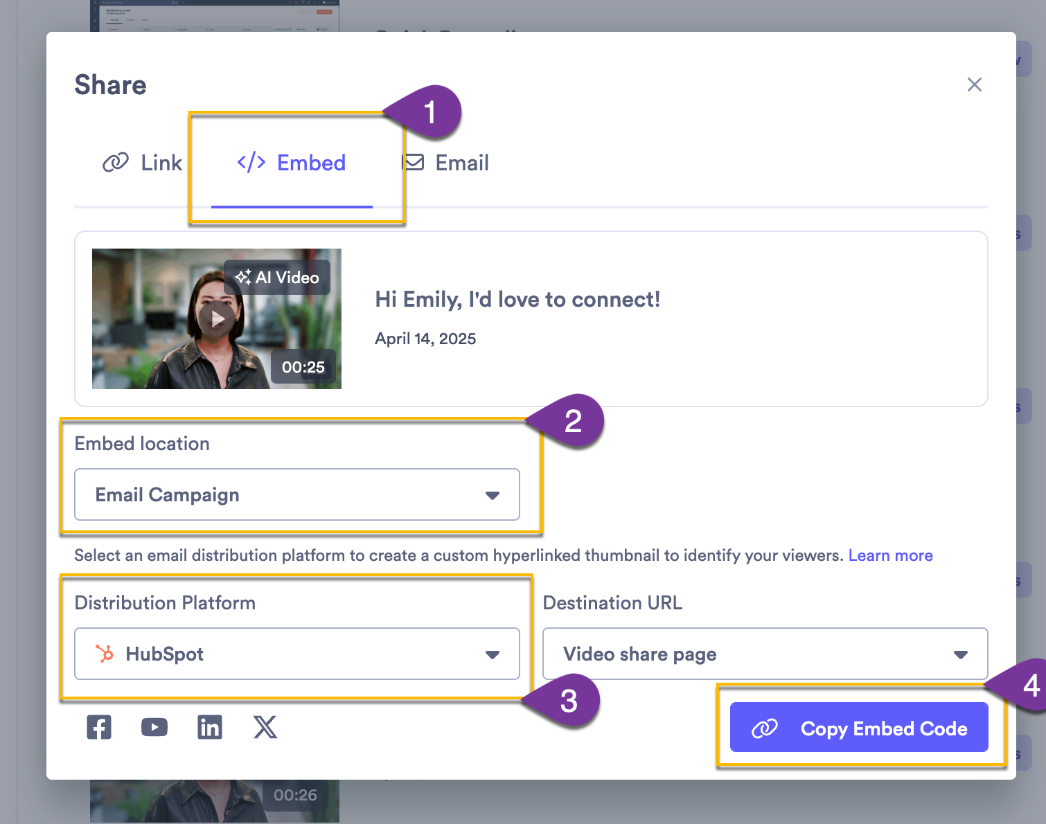 Copying the Email Campaign embed code option with custom URL and email distribution platform selected in dropdown menus
