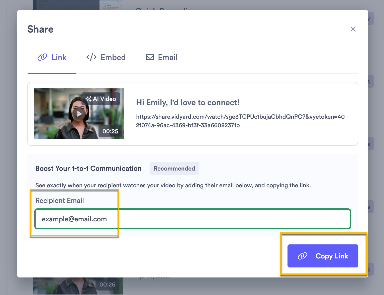 Vidyard sharing modal open with option to copy link selected and email added to recipient field